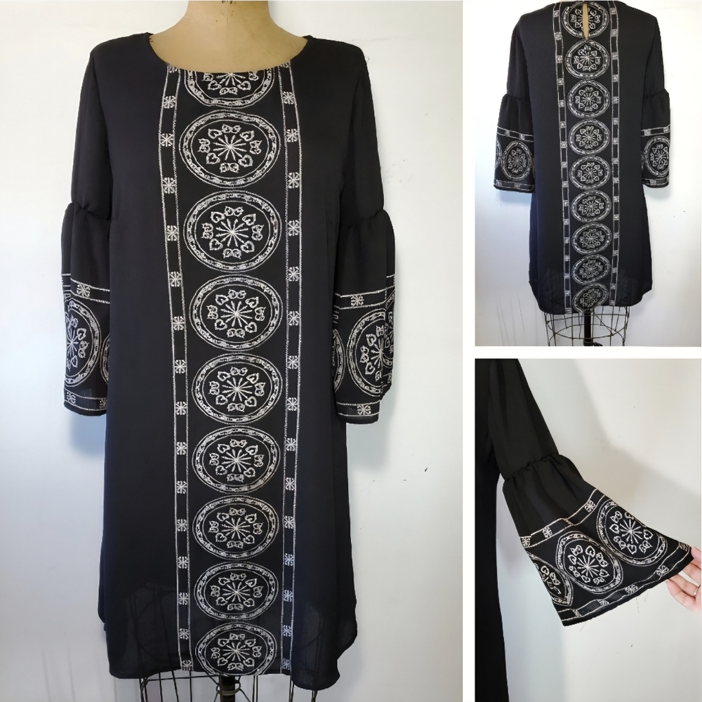 A.U.W Size M Dress Tunic Black Sheath Bell Sleeve Boho Mandala Crepe Lightweight